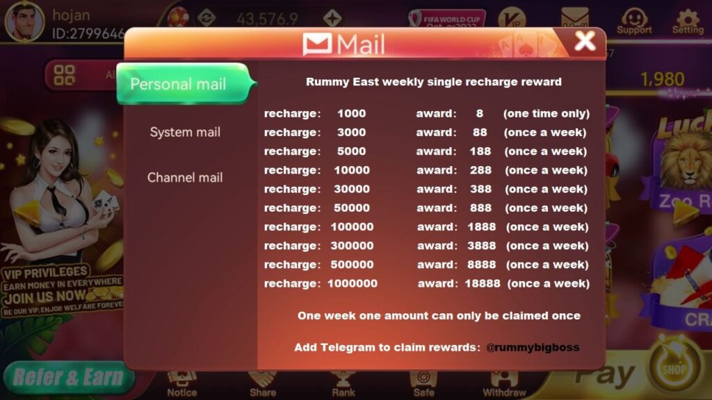 Rummy East Apk Weekly Bonus Rewards