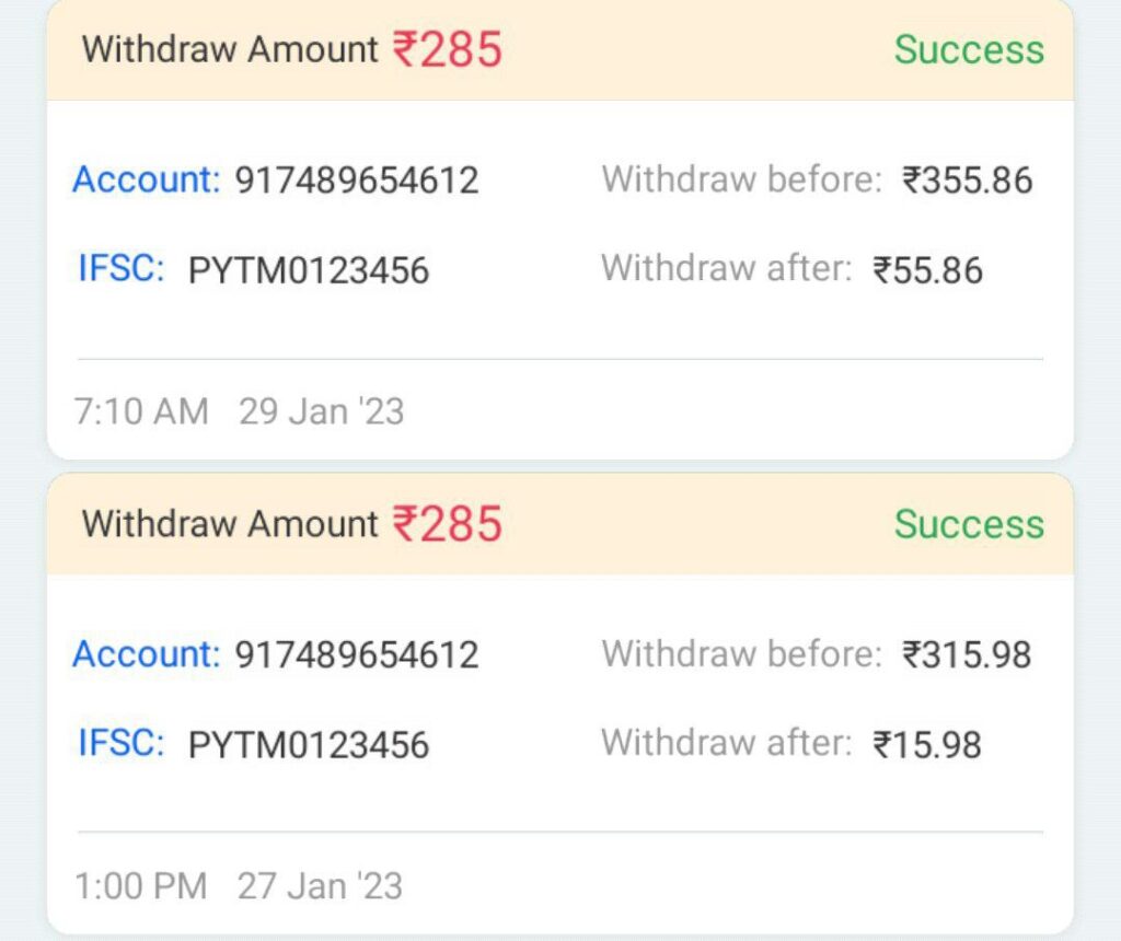 A1 Rummy App Payment Proof