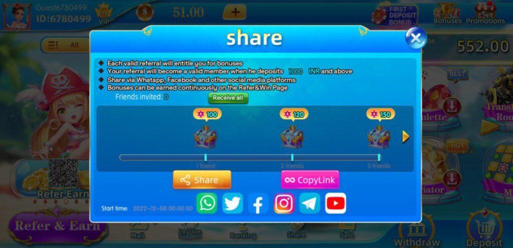 Generate income by sharing 9 Rummy App