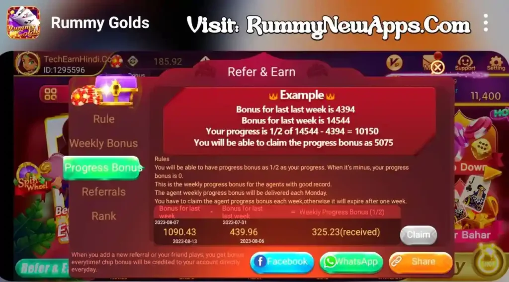Rummy Golds APP Progress Bonus