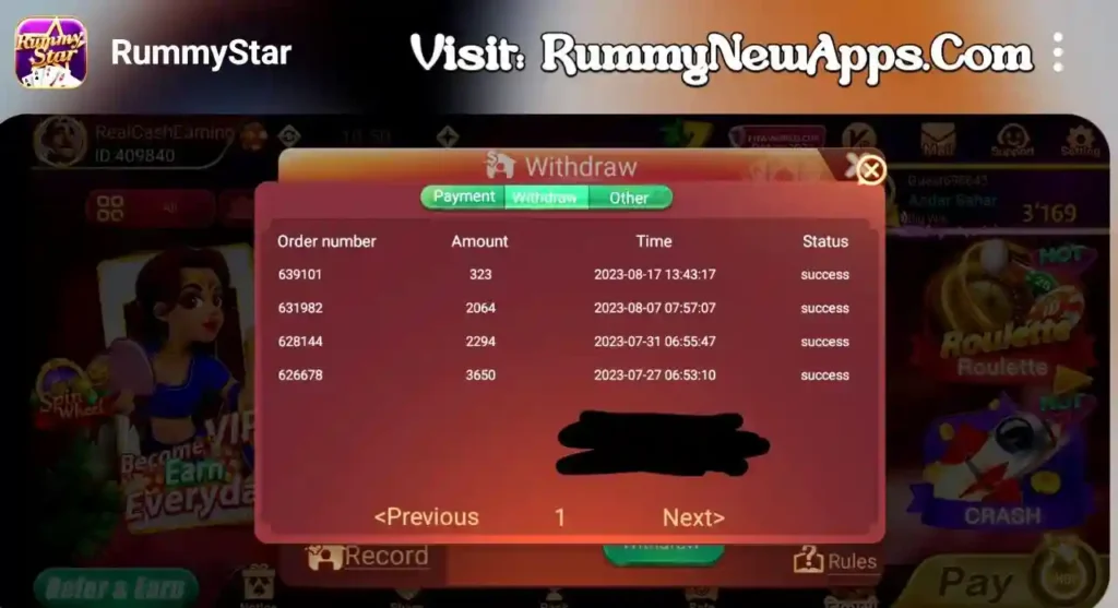 Rummy Star App Payment Proof