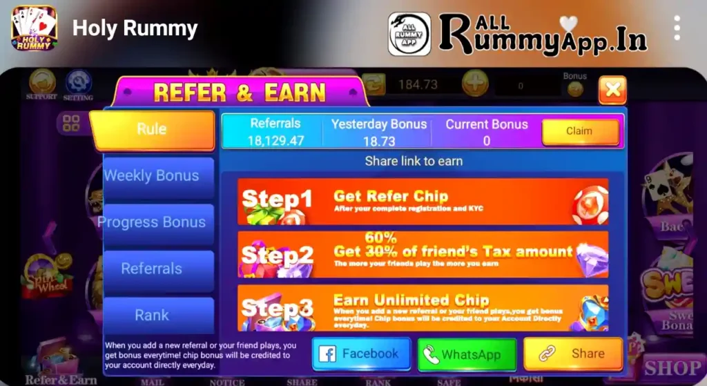 Refer And Earn Holy Rummy